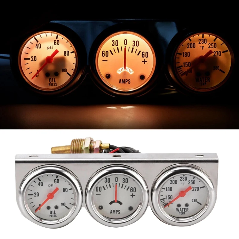 2Inch 52Mm Universal 12V DC Car Triple Gauge Kit Psi Oil Pressure Gauge Fahrenheit Water Temp Gauge Ammeter Gauge Set