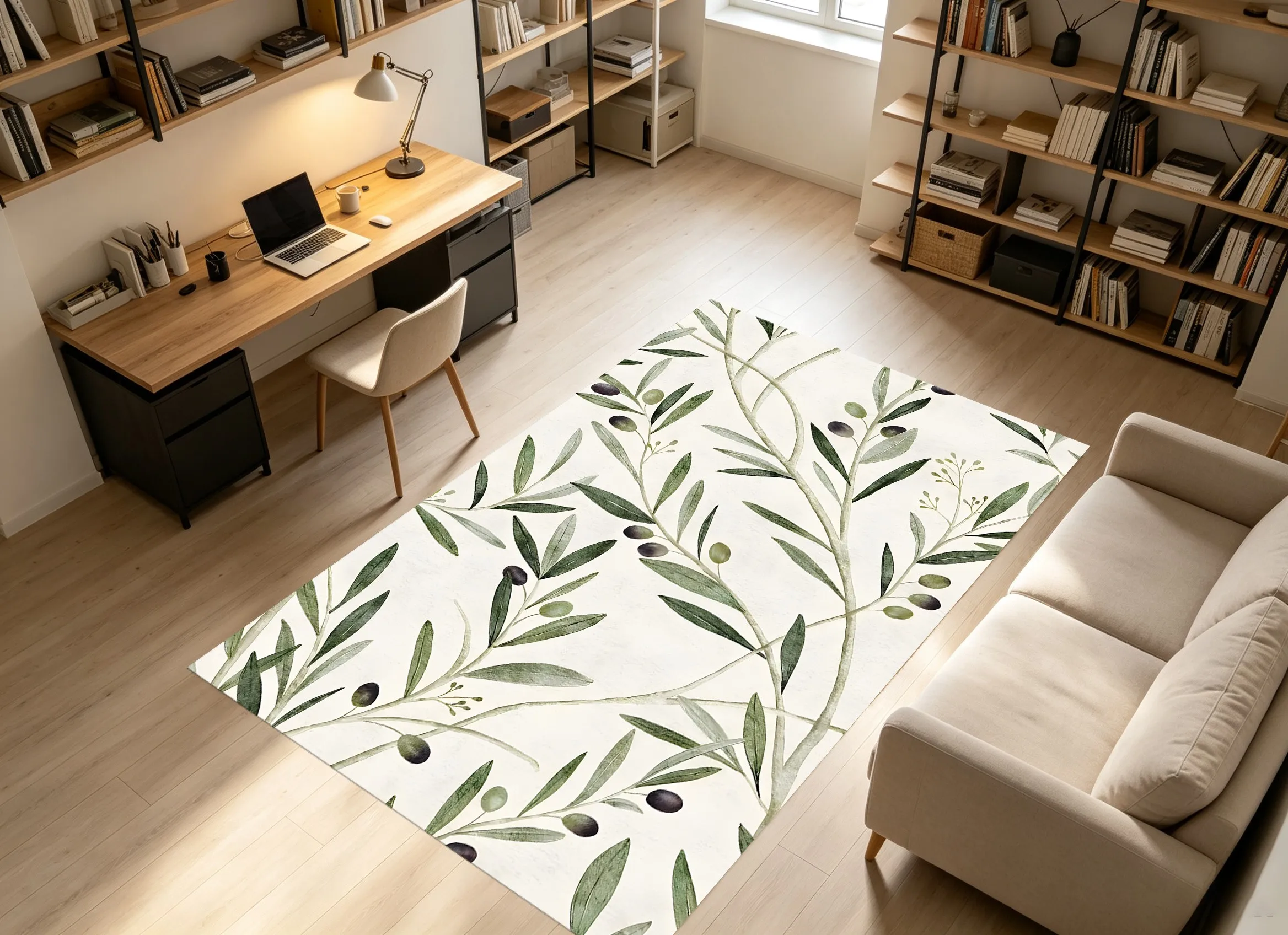 Watercolor Olive Leaf Pattern Large Area Rug, Fresh Soothing Style, for Living Room and Bedroom