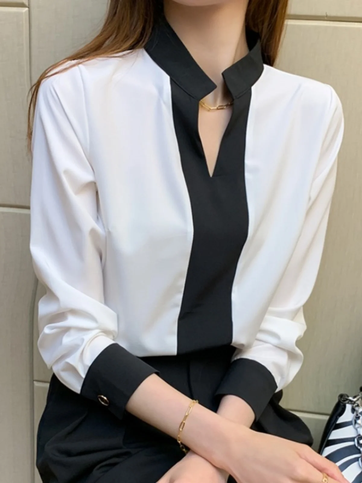 Black White Color Block Long Sleeve V Neck Women's Shirt Spring Autumn Fashion Design French Style Straight Cut Single Piece