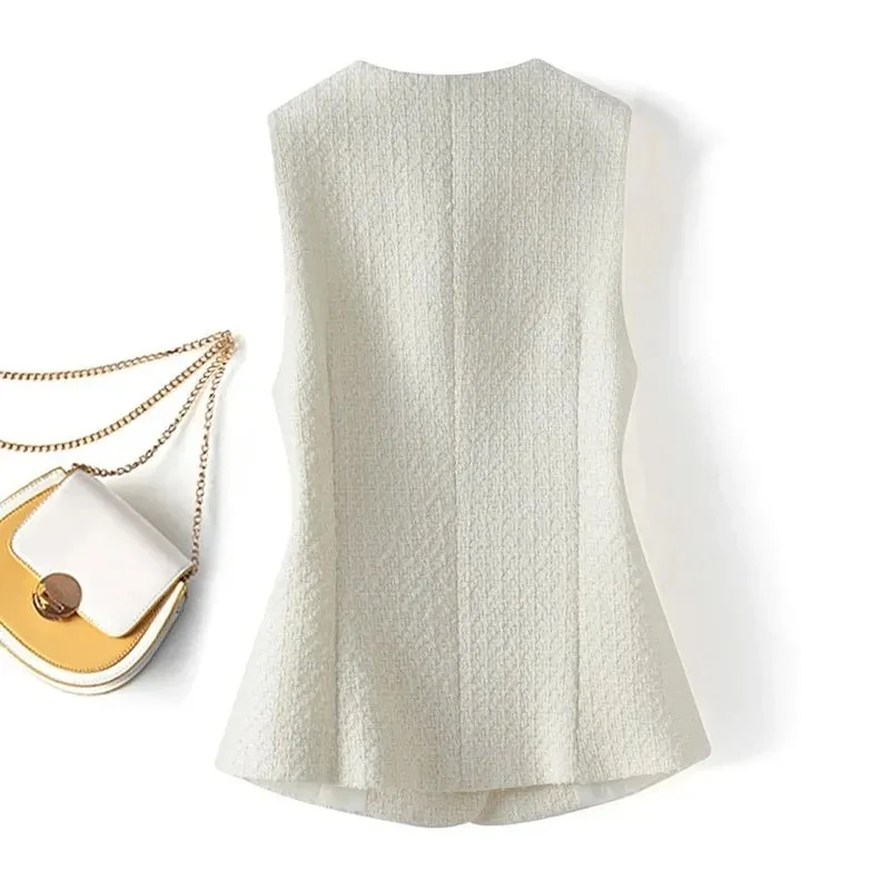 Blazer Vests For Woman 2024 Vintage V-Neck Single Breasted Slit Jackets Coat Beige Sleeveless Commute Waistcoat Summer Tops