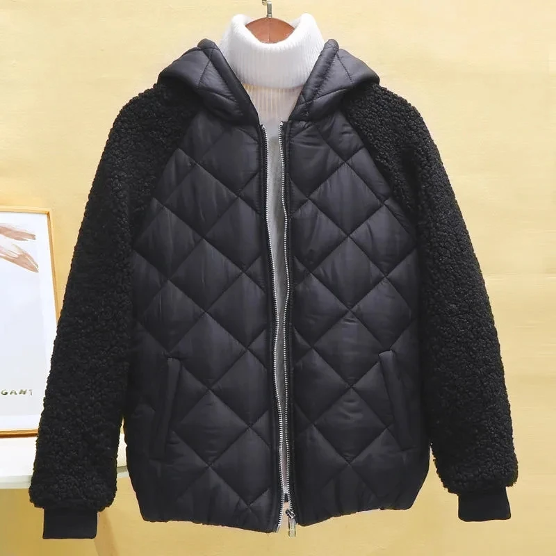 Thin Light Down Cotton Jacket Female Short Coat Autumn Winter Women\'s 2023 New Hooded Loose Lmitation Lamb Wool Cotton Jacket