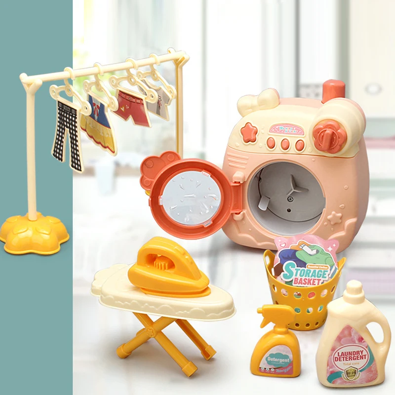 

Kids Mini Washing Machine Toy Children Pretend Play House Rotate Cleaning Lighting For Doll Simulation Toys For Girls