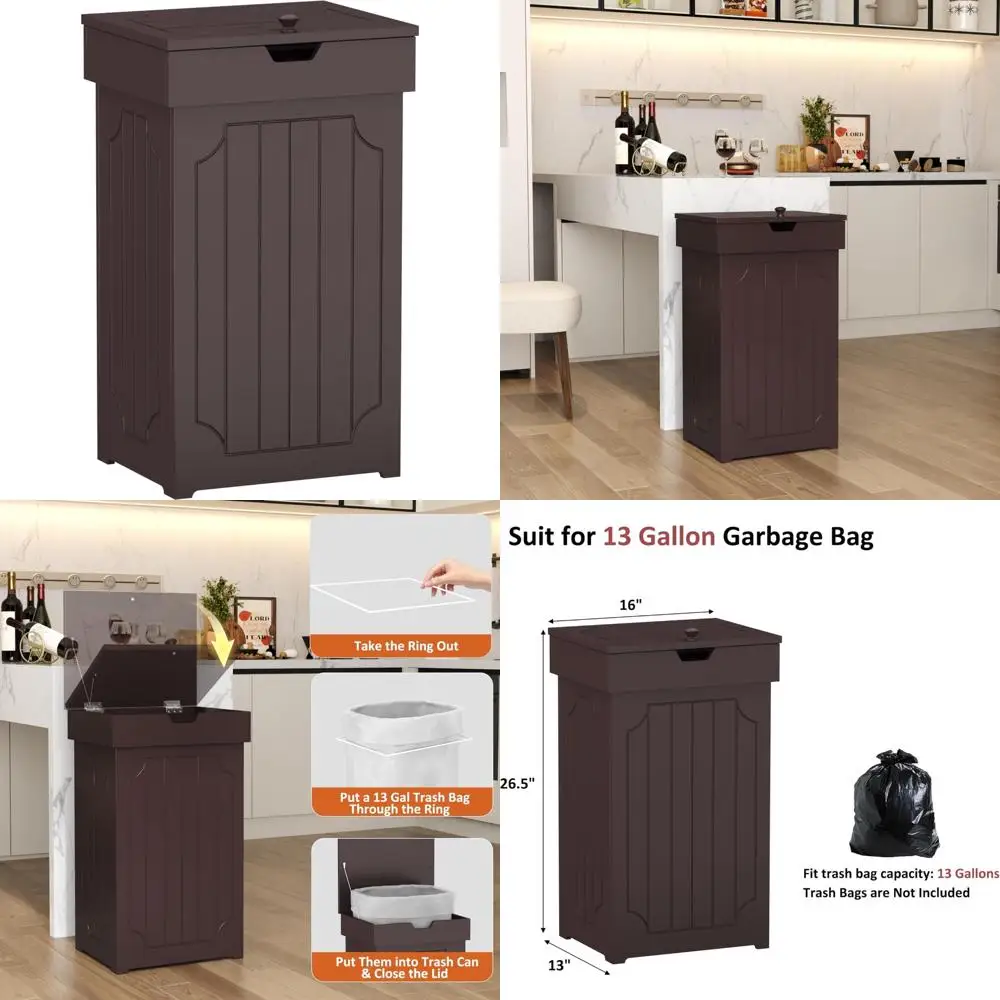 

Stylish 13 Gallon Kitchen Trash Can with Wooden Recycling Bin, Dog-Proof Freestanding Waste Container for Home