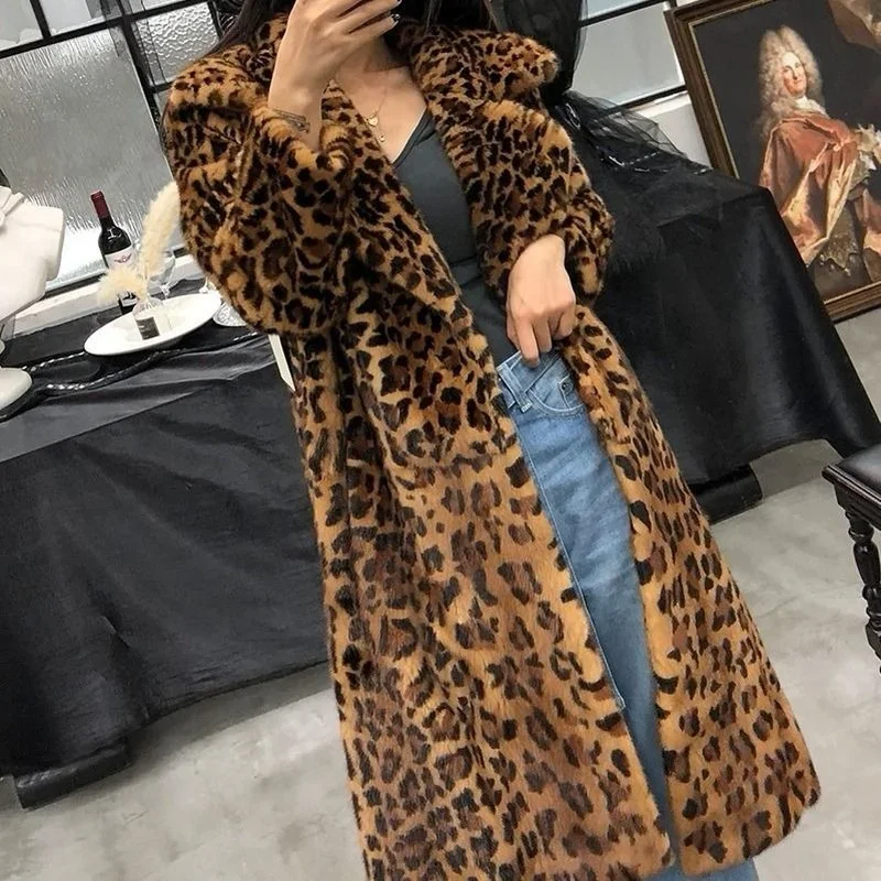 New Winter Korean Fashion Fluffy Warm Faux Fur Jacket Women Lapel Long Elegant Leopard Print Faux Mink Fur Jackets Coats E705