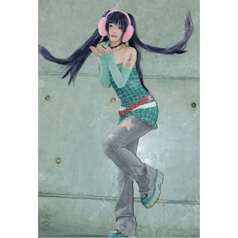 

Miccostumes Musa Derivative, повседневный наряд, клетчатый топ без рукавов и расклешенные брюки со звездным вырезом и поясом, комплект перчаток, костюм для косплея