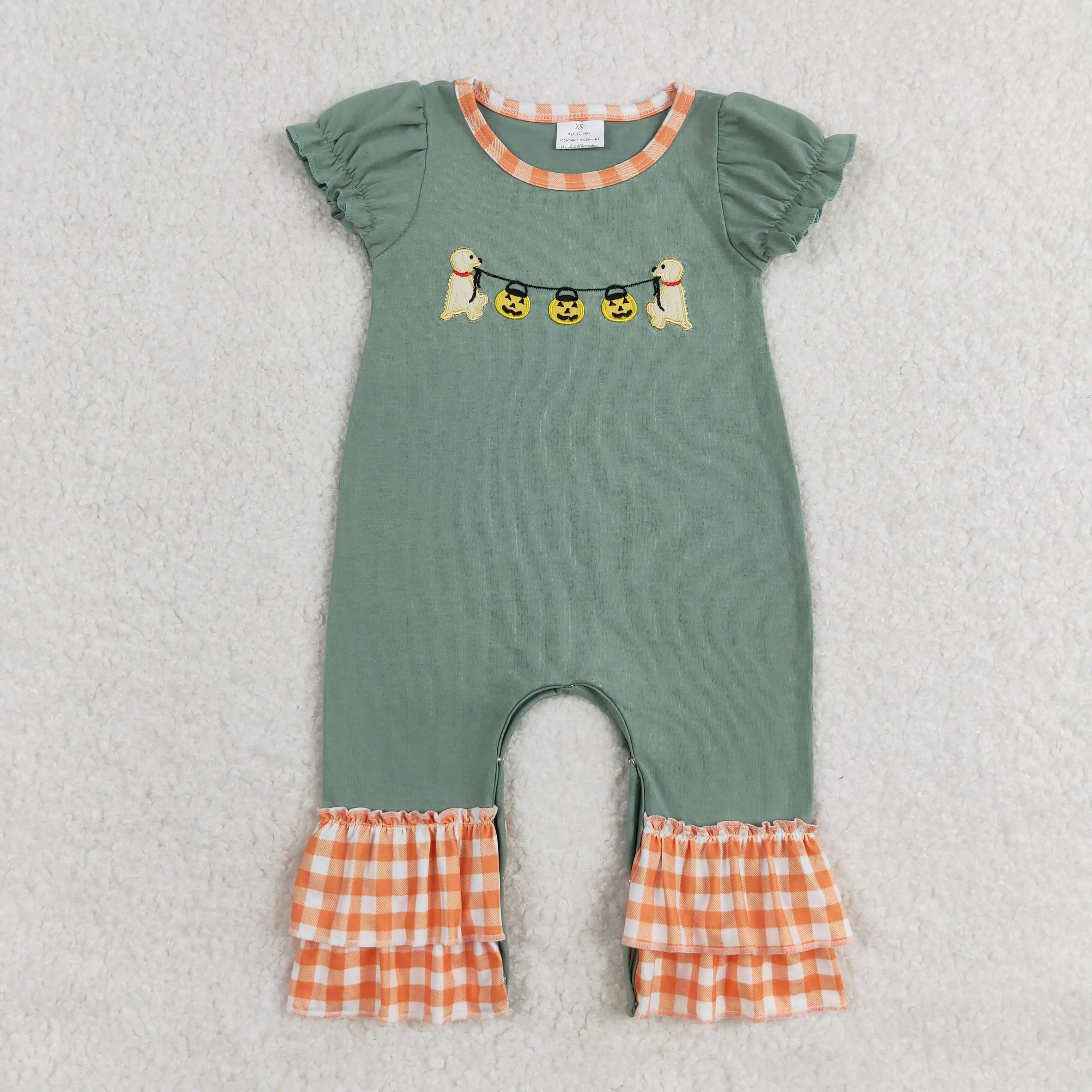 Wholesale newborn toddler Baby Kids Embroidered Halloween jack-o '-lantern puppy orange plaid border teal short-sleeved onesie