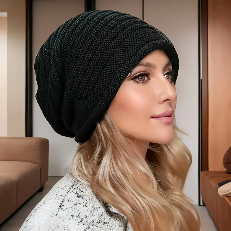 Double-layer knitted warm pile hat for men and women - brimless outdoor cycling warm and cold-protective ear hat