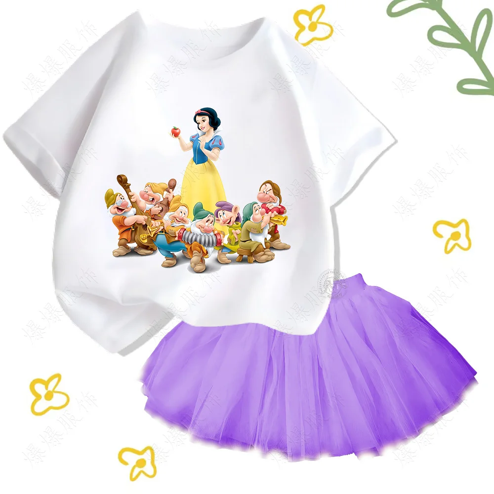 Children\'s Printed Disney Snow White Sets Cotton soft tops T-shirt Casual short sleeves and girls\' fluffy tulle cake short dress