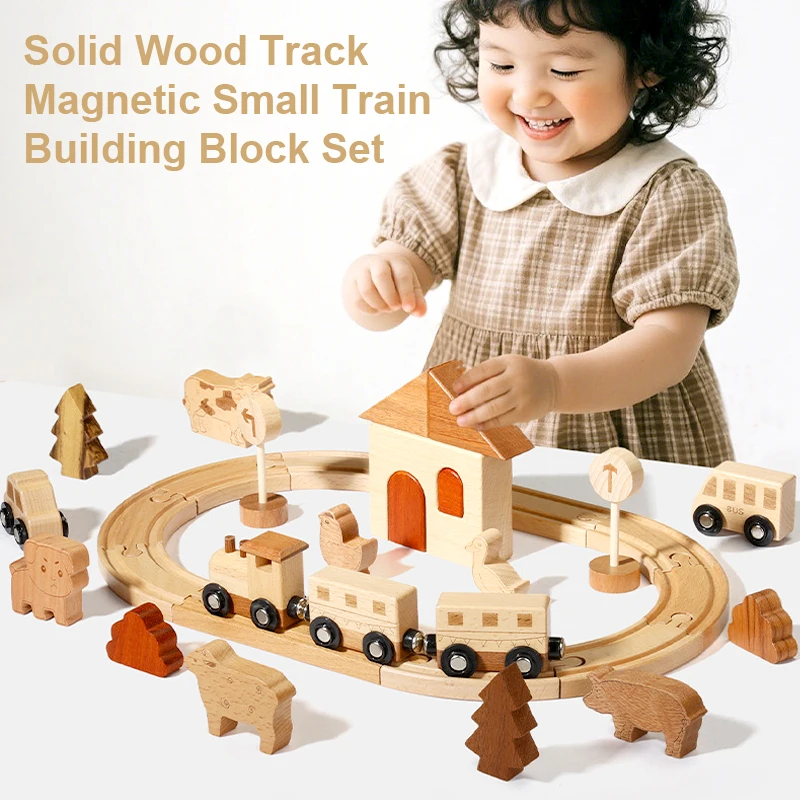 ชุดตัวต่อรถไฟแม่เหล็กไม้แท้ รุ่นรางเล็ก สไตล์ชนบท ฉากก่อสร้าง ปริศนา DIY ของเล่นเด็ก ของขวัญ รุ่น XT176