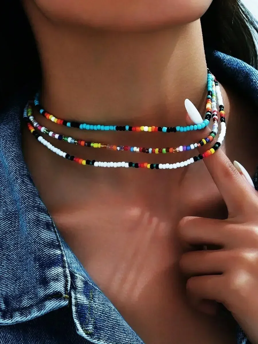 

3pcs Multicolor Beaded Choker Necklace Set For Women Summer Beach Vacation Fashion Layered Jewelry