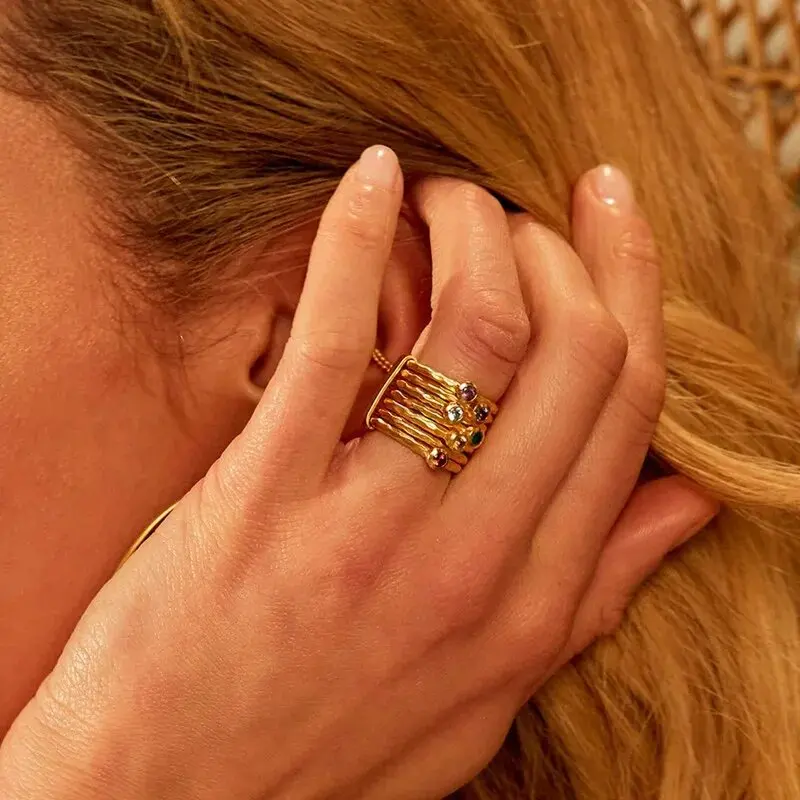 2025 Ins خمر التركية اليدوية الأحجار الكريمة الطبيعية متعدد الطبقات فنجر الفرقة الدائري قوس قزح كريستال الزركون مكتنزة النساء مجوهرات #6