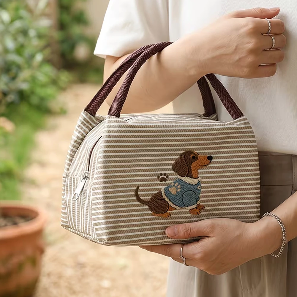 Large-Capacity Multi-Color Striped Cute Cartoon Animal Puppy Print Tote Bag, Portable Bag for Spring Outings, Makeup Bag, Gift Bag, Storage Bag, Suitable for School, Work, Business, Commuting, Outdoor Travel, and Holiday Gift-Giving