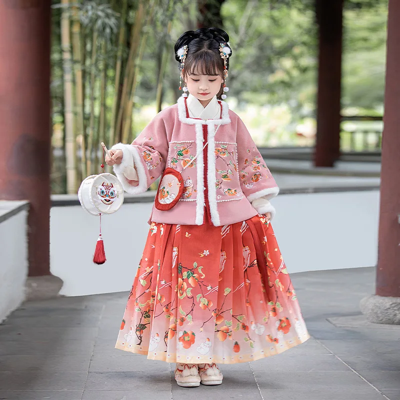 

Retro Girls Hanfu Dress Winter New Plush Warm Tang Suit Children Thick Baby Kids Christmas Gift 2024 Chinese New Year Clothes