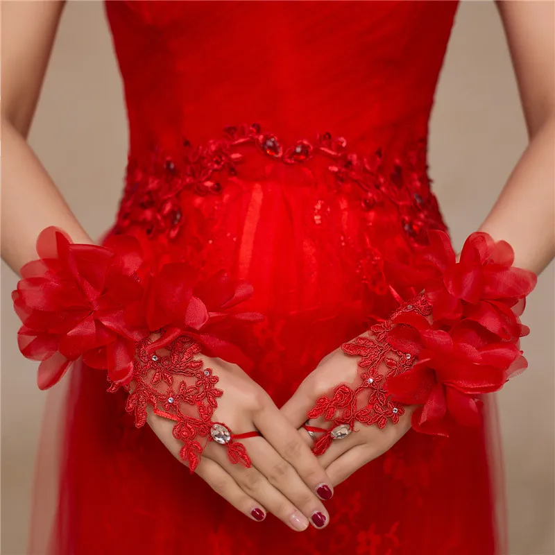 Rhinestone Wedding Gloves Lace Short for Photo Shoot Bride Proposal Evening Party Flowers Handkerchiefs Chinese Wedding Access