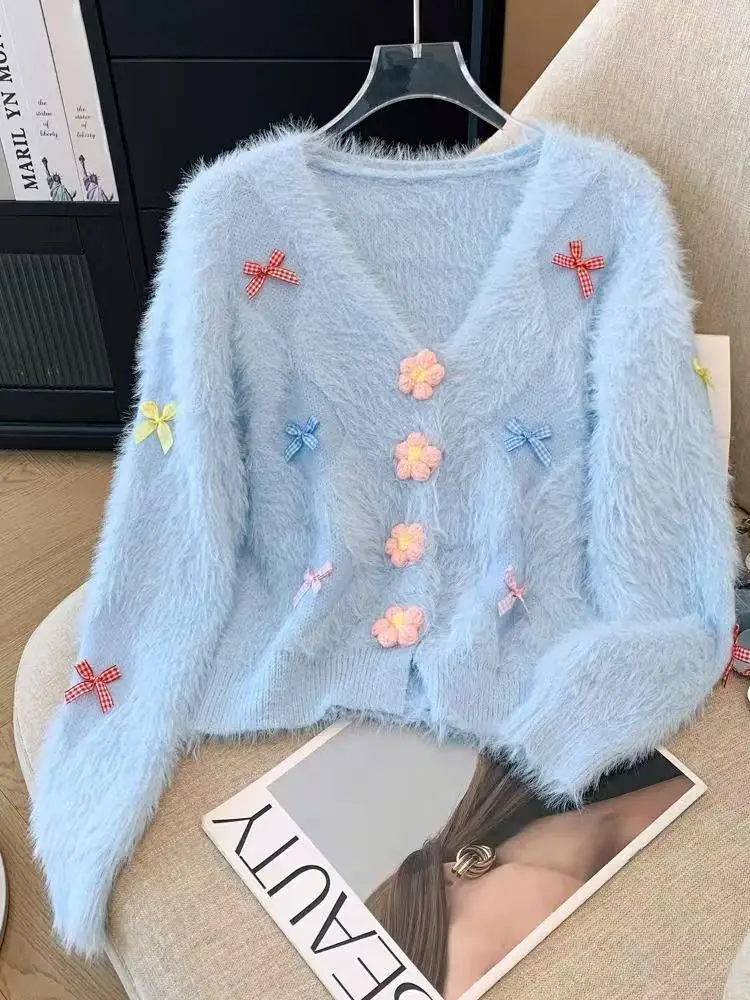 Sweet Sueter Mujer Knitting Cardigan Coat Autumn Winter Women Clothing Pull Femme Bow 3D Flower Furry Soft Cropped Sweater Tops