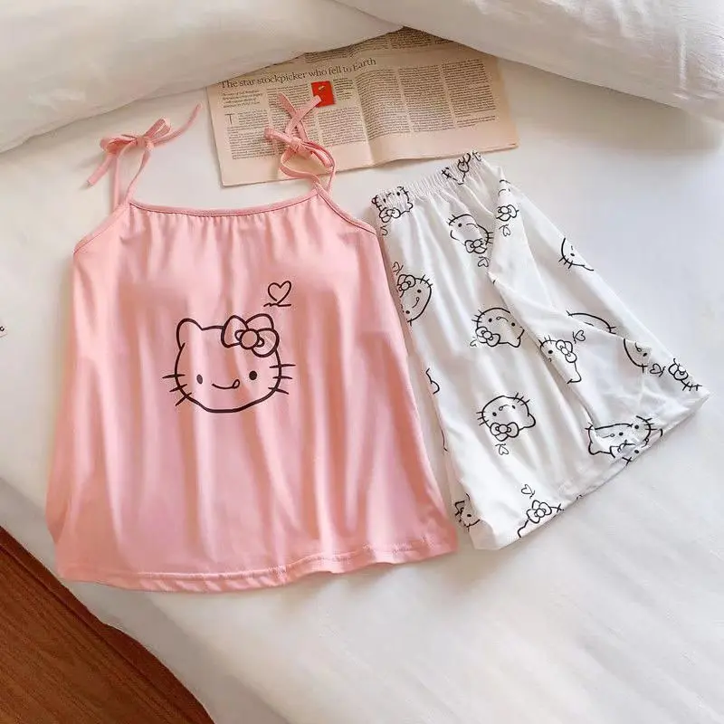 Sanrio Hello Kitty Tank Nightgown Women Trunks Set Kawaii Girl Summer with Bra PadsComforts Loungewear 2pcsPajama