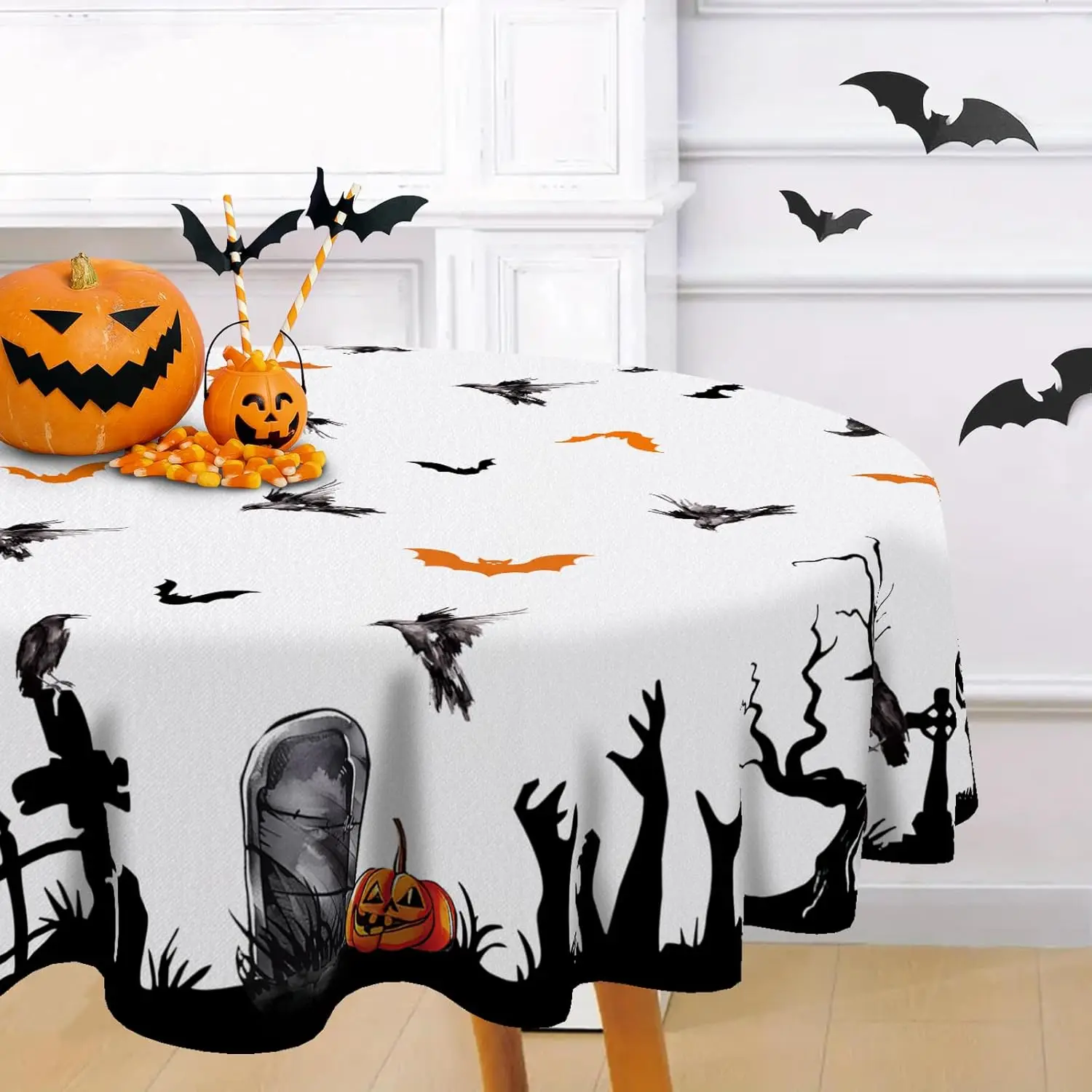Mantel redondo gótico de Halloween, murciélagos, árbol de terror, Jack O, linterna, calabaza, mantel decorativo para mesa de comedor