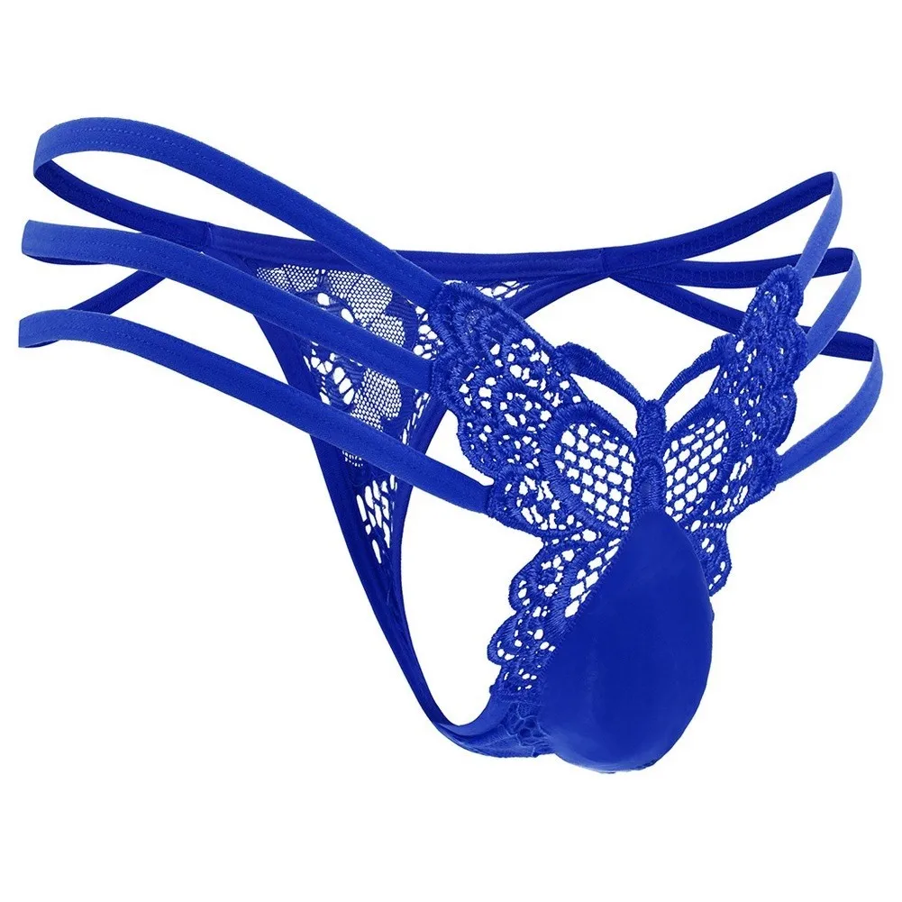Men Sexy Panties Butterfly Lace Sheer Thong G-String Hollow Low Waist Sexy Side Open Underwear Sissy Pouch Sheath T Back