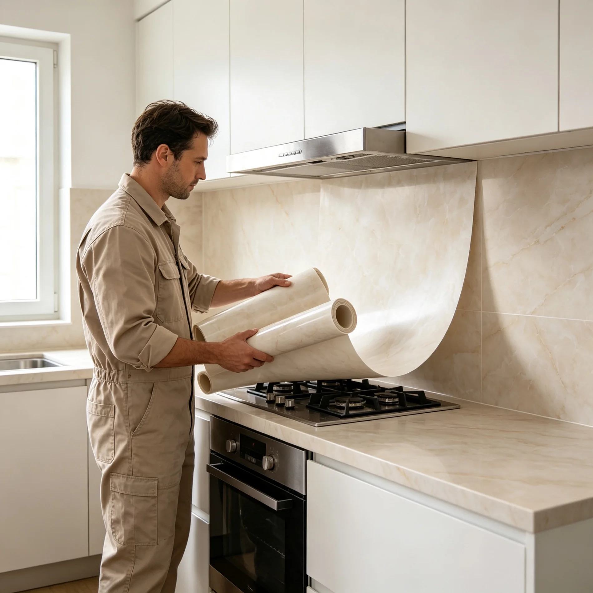 6m Oil-Proof Marble Self-Adhesive Wallpaper Waterproof Moisture-Proof Stove Proof Kitchen Countertop Cabinet Renovation Sticker