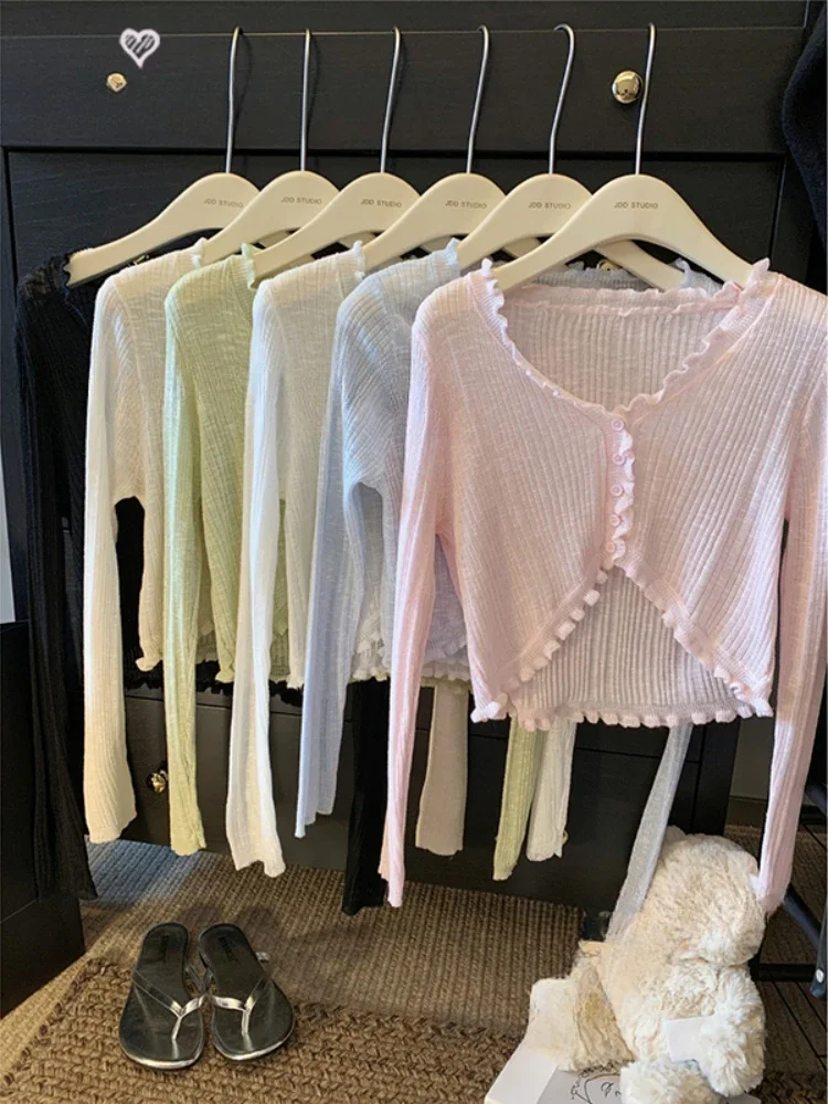 レーストリム 1 ボタン長袖クロップトップ半袖オープンフロントリブニットカーディガン女性 2025 セーター夏フェアリーコア