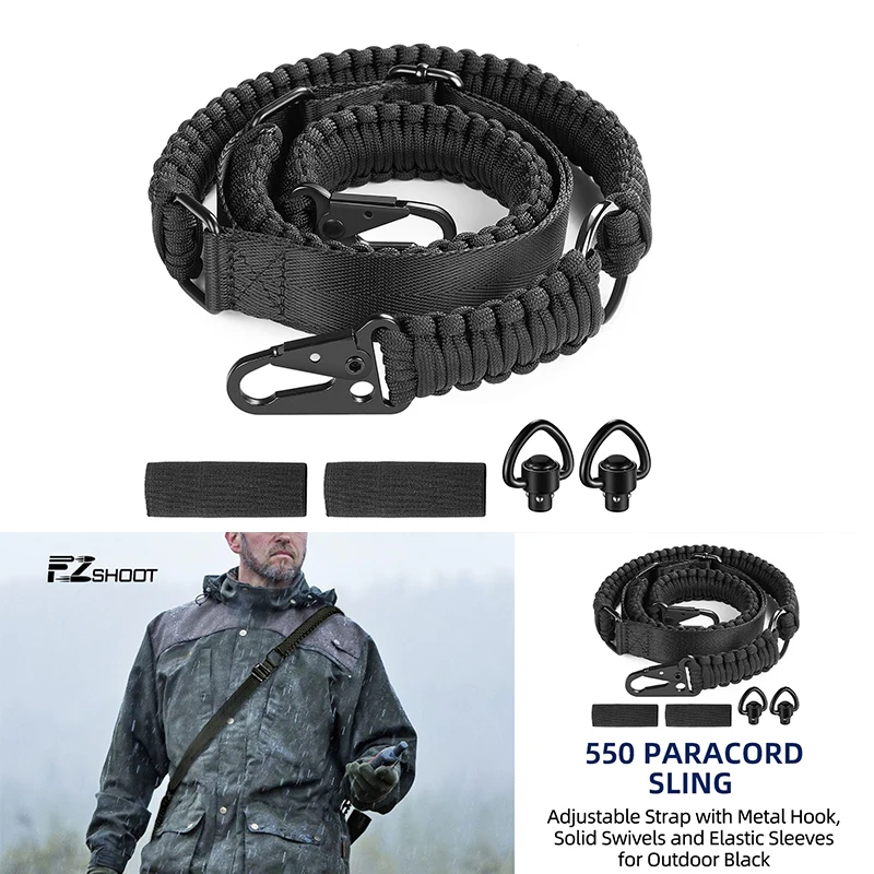 EZshoot Two-Point Sling 550 Paracord Strap Adjustable Lenght Slings with Metal Hook & Solid Swivels Elastic Sleevees for Outdoor