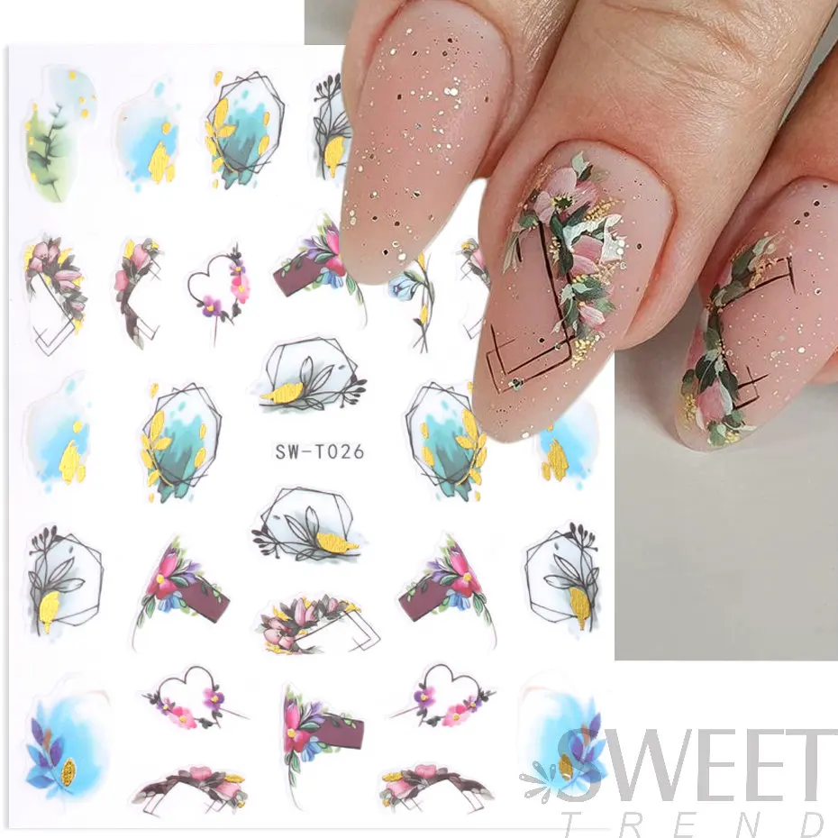 3D Spring Nail Stickers Gold Leaf Foil Watercolor Flower Geometric Lines Manicure Transfer Sliders Tips Nail Decoration BESW-T