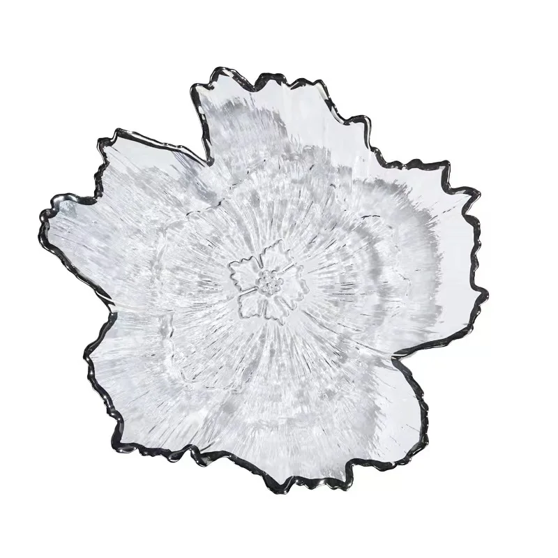 

Creative glass fruit plate Silver edge special-shaped petal style fruit salad plate