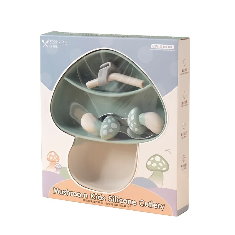 Clearance sale pink Baby Feeding Set Silicone Sucker Dining Plate Mushroom Children Dishes Tableware Feeding Bowl 304 Spoon Fork