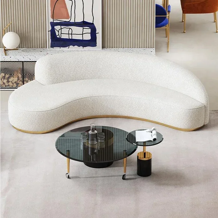 Sofa Luxury Modern Living Room Furniture Italian Metal Gold White Fabric Boucle Curved