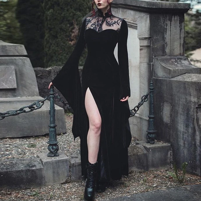 Halloween Gothic Dress Female Diablo Punk Vestidos Vintage Lace Split Robe Stitching Velvet Flared Sleeve Dresses Halloween 2024