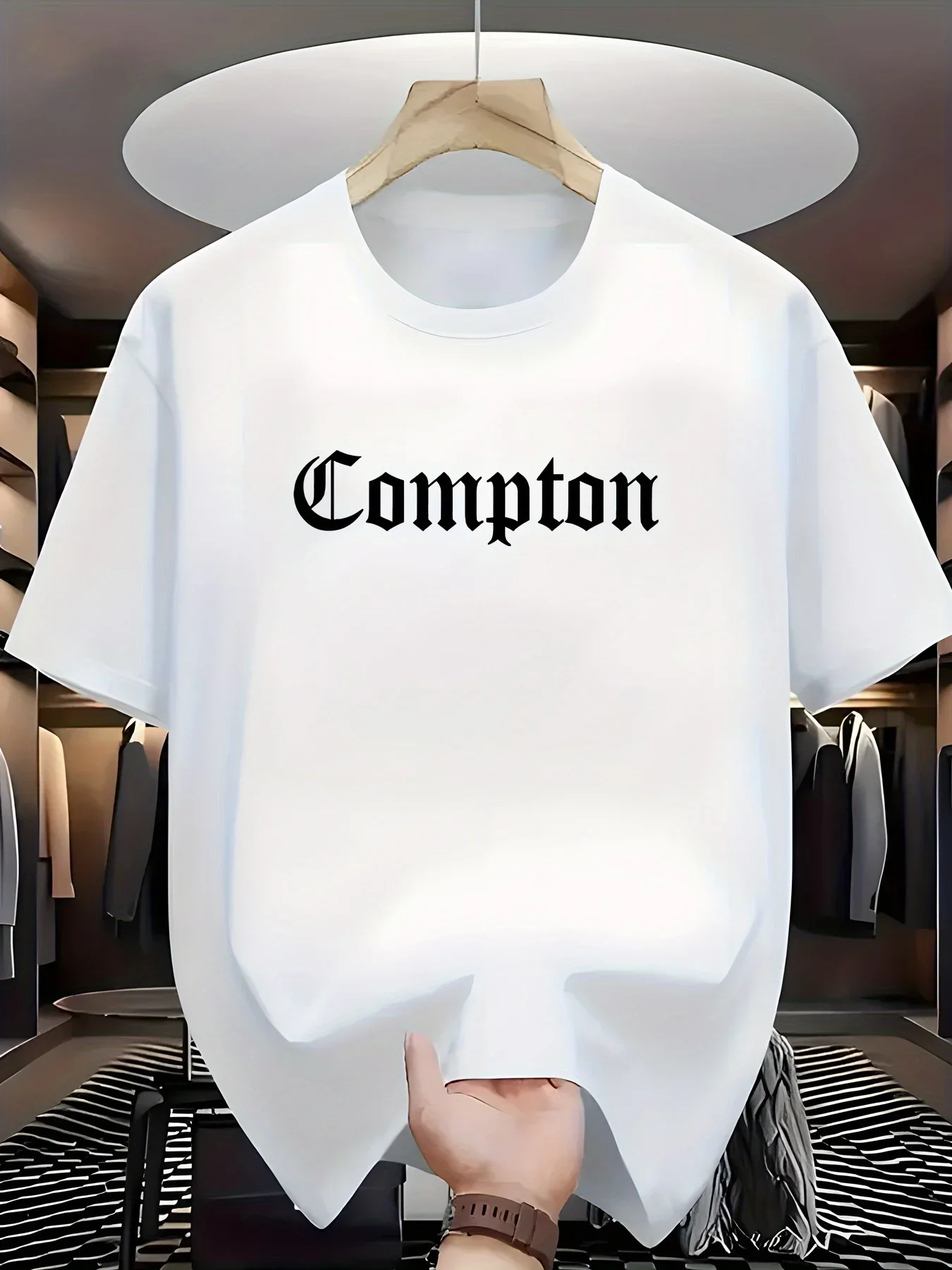 

Summer men's 100% pure cotton casual loose plus size Compton letter pattern printed round neck short sleeved T-shirt top