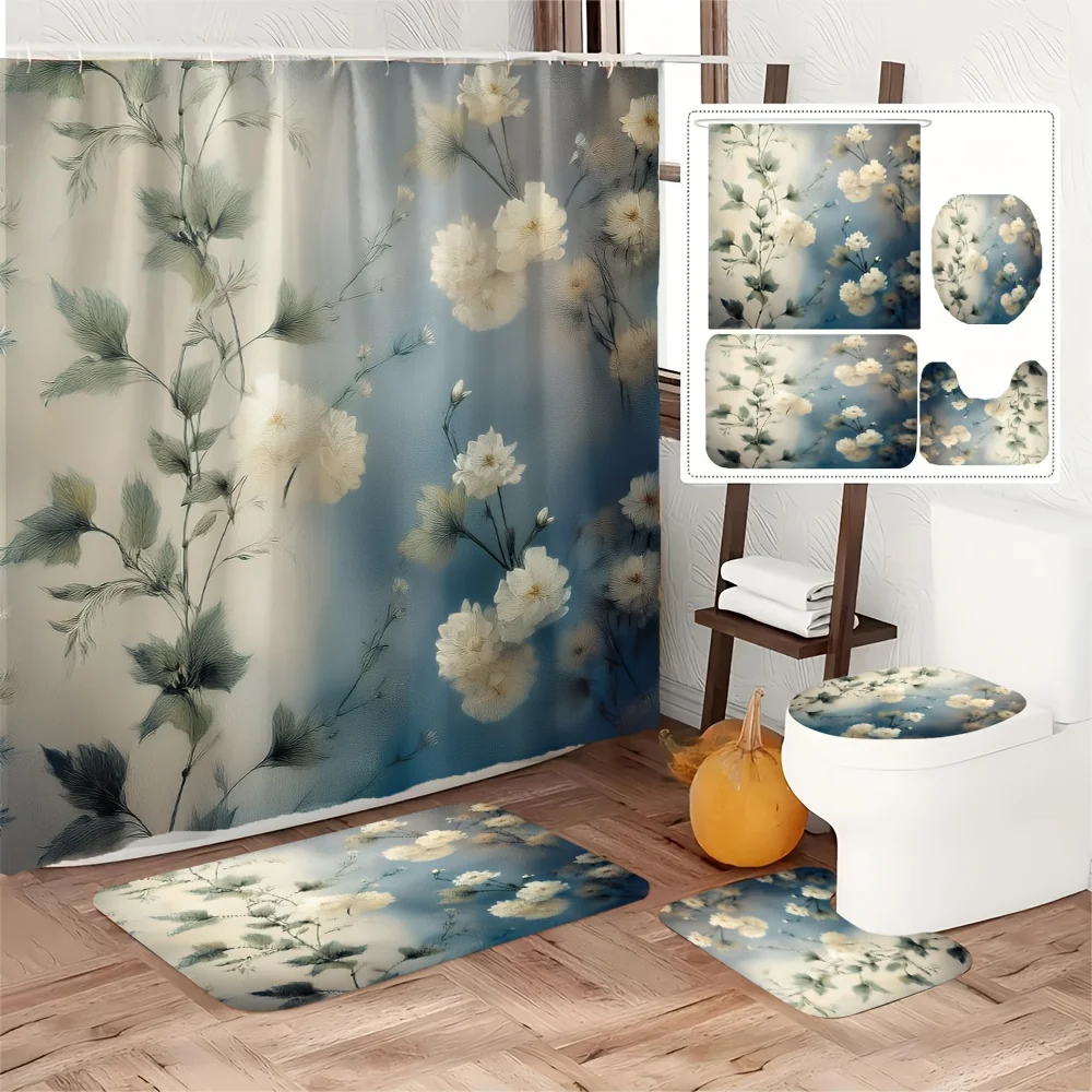 

4pc White floral pattern bathroom set - shower curtain, non-slip bath mat, toilet seat, U-shaped rug