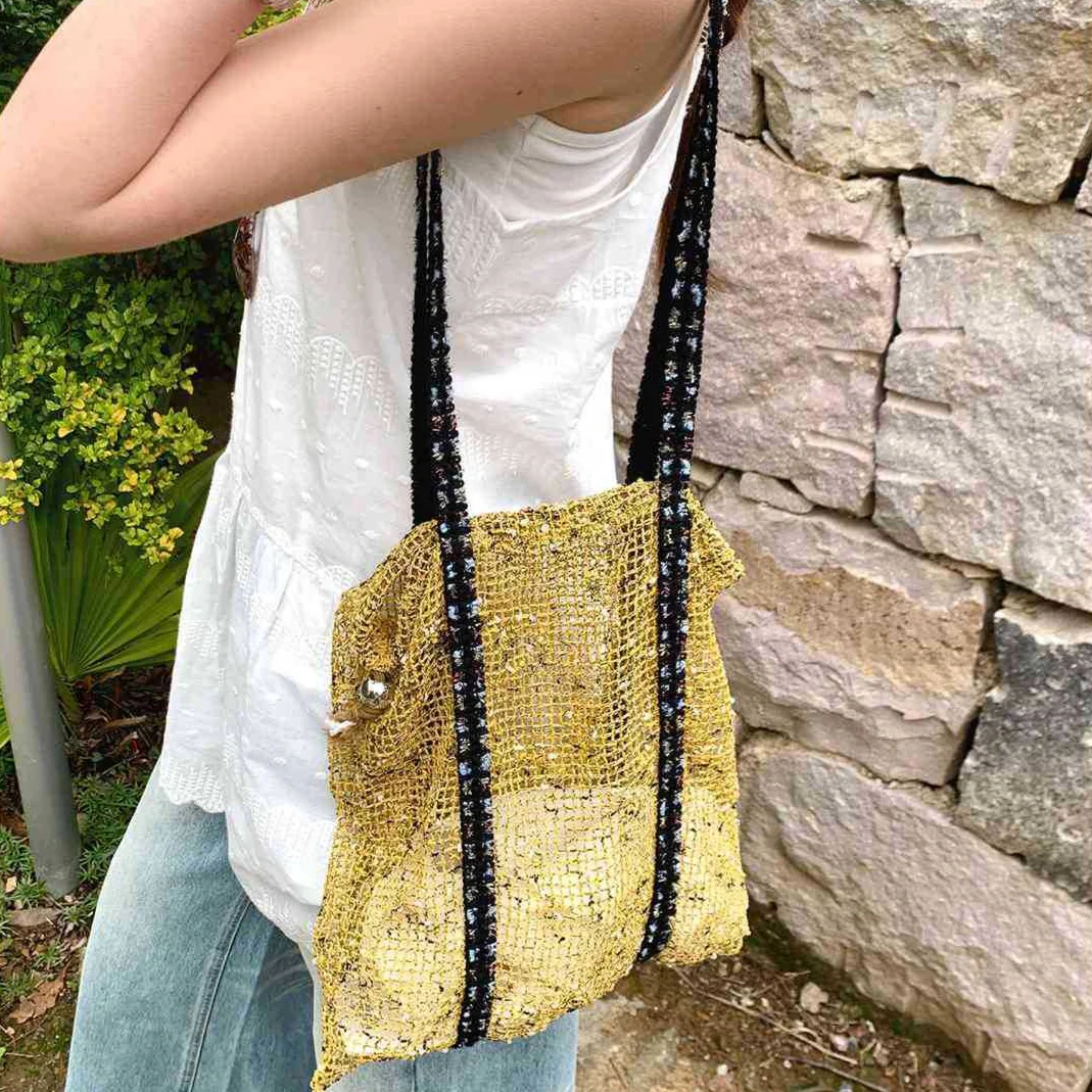 New Holiday-style Woven Hollow Mesh Shoulder Bag Niche Mesh Patchwork Tote Bag
