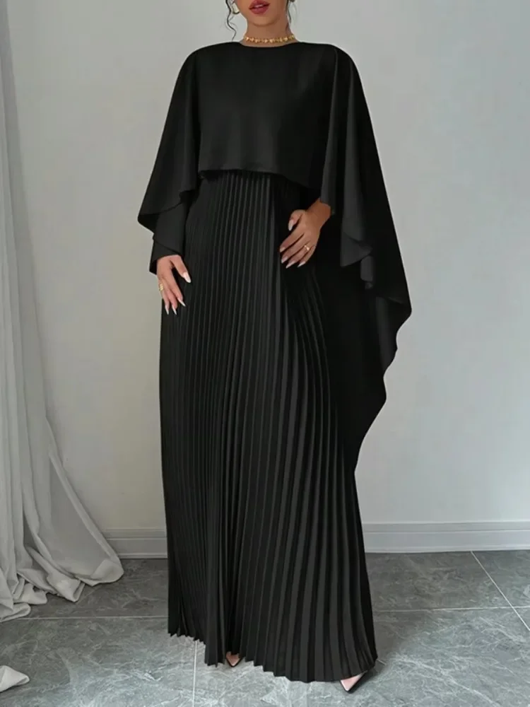 Uoozee 2024 New Autumn High-Low Pleated Long Dress Women Cape Sleeves Solid Color Split-Joint Elegant Party Evening Maxi Dresses