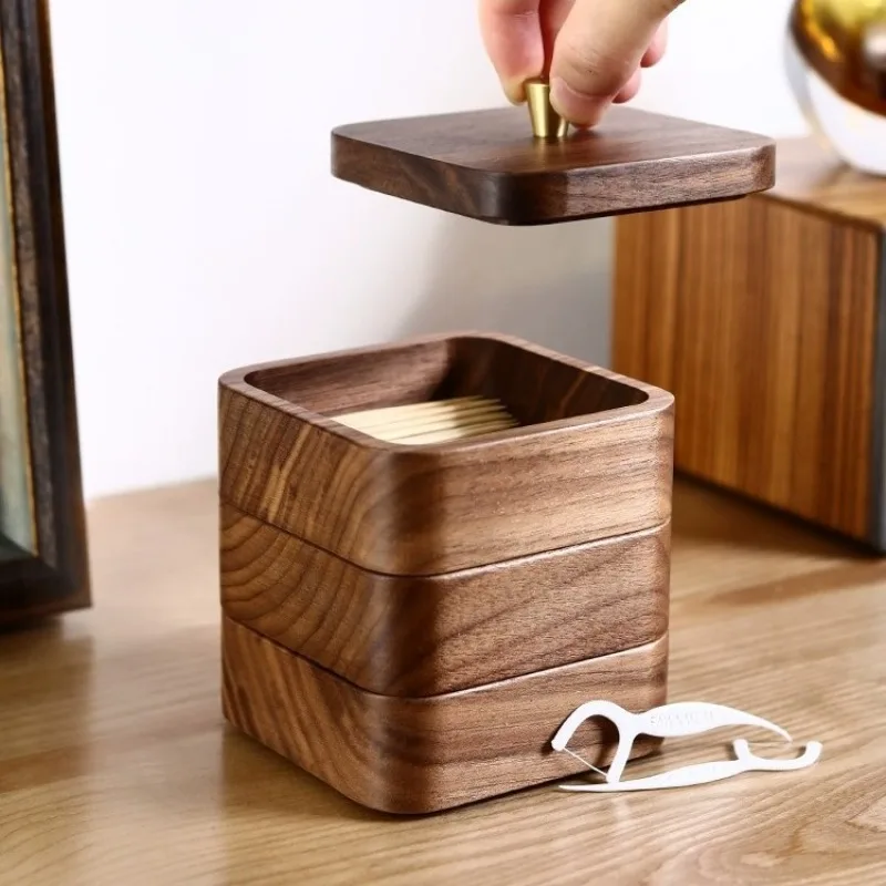 Whole Solid Wood Dental Floss Box Black Walnut Toothpick Storage Case With Lid For Home Bathroom Decoration