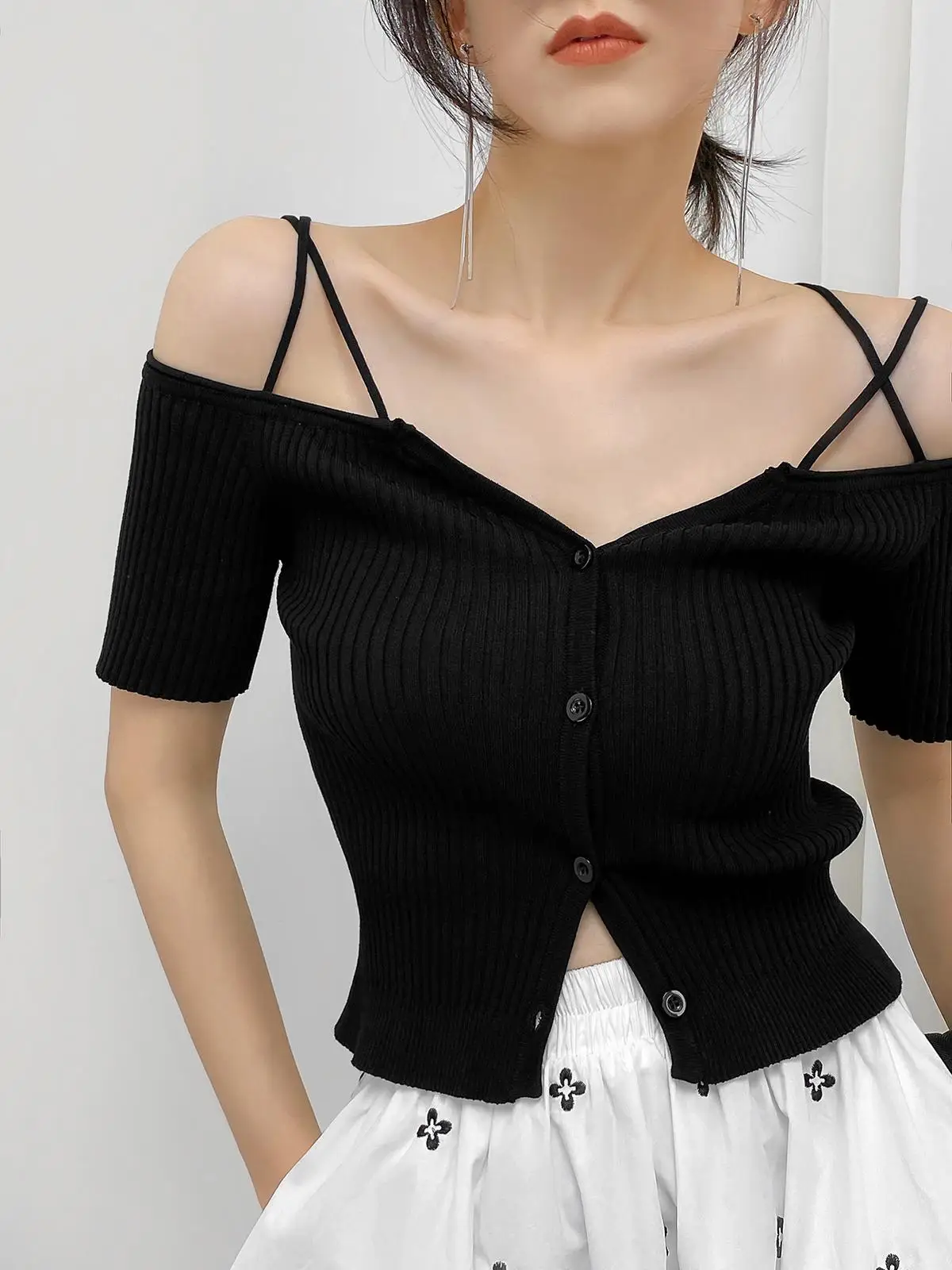 

Summer Women V-Neck Knitted Sheath Stretchy Sweaters Cardigans Lady Short Sleeve Tee Shirts With Crossed Spaghetti Straps