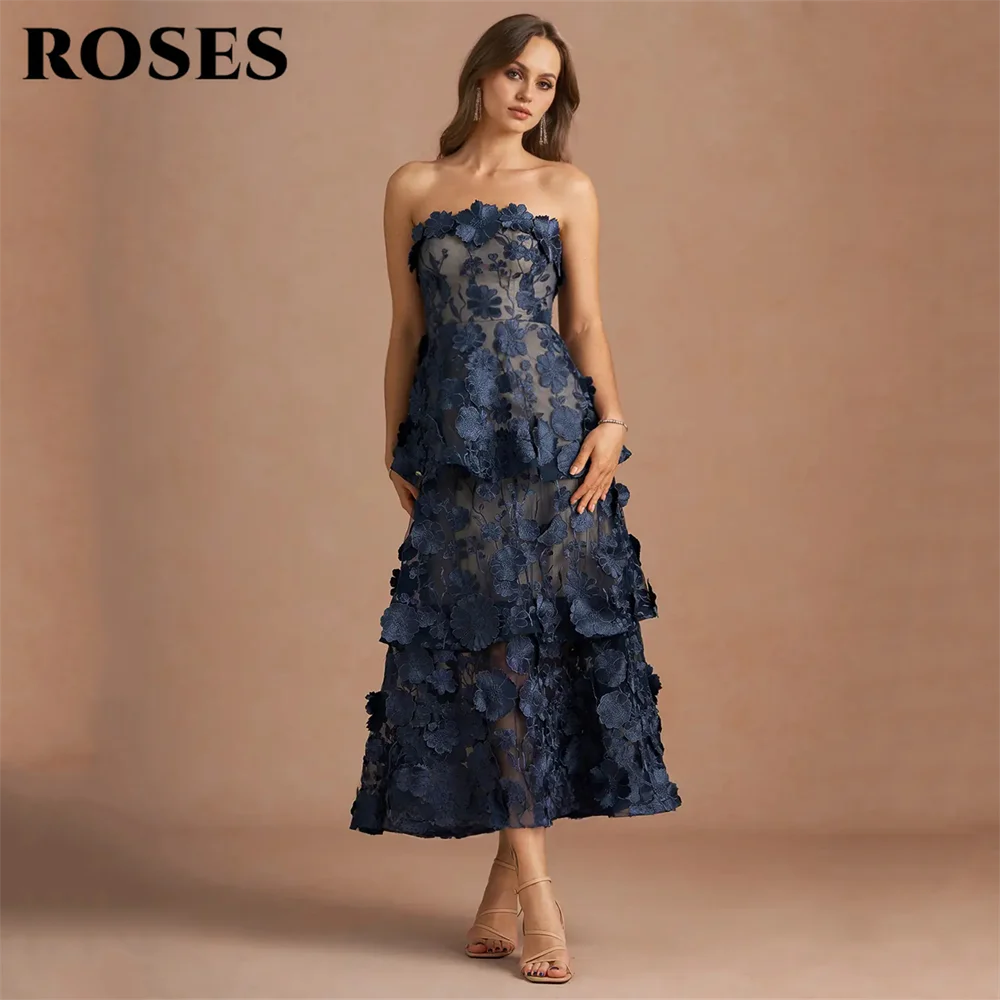 ROSES Navy Blue Fashion Prom Dresses Strapless Sleeveless Lace Evening Dresses with Multi-Layer Floral Party Dresses Customized