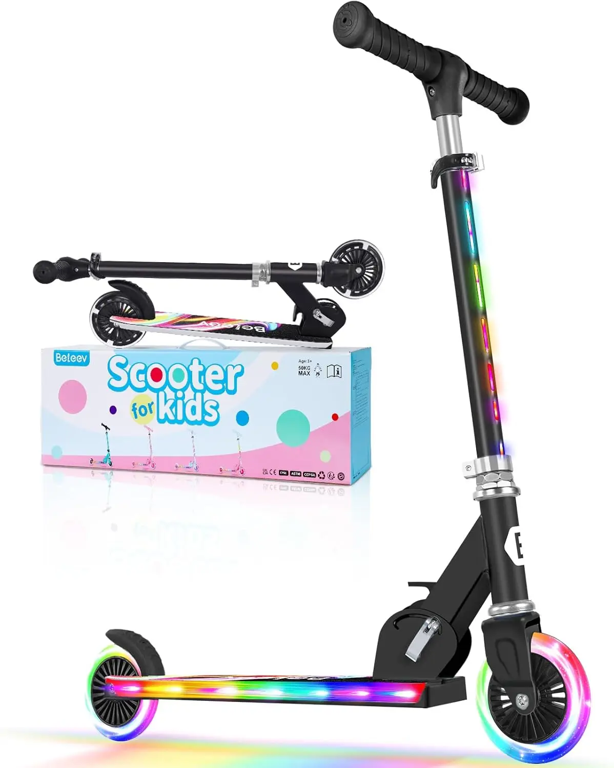 Patinete de 2 Ruedas para Niño Niña 3-12 Años, Plegable Patinete Infantil con LED Luces Ruedas & Stem & Deck, 3 Altura Ajustabl
