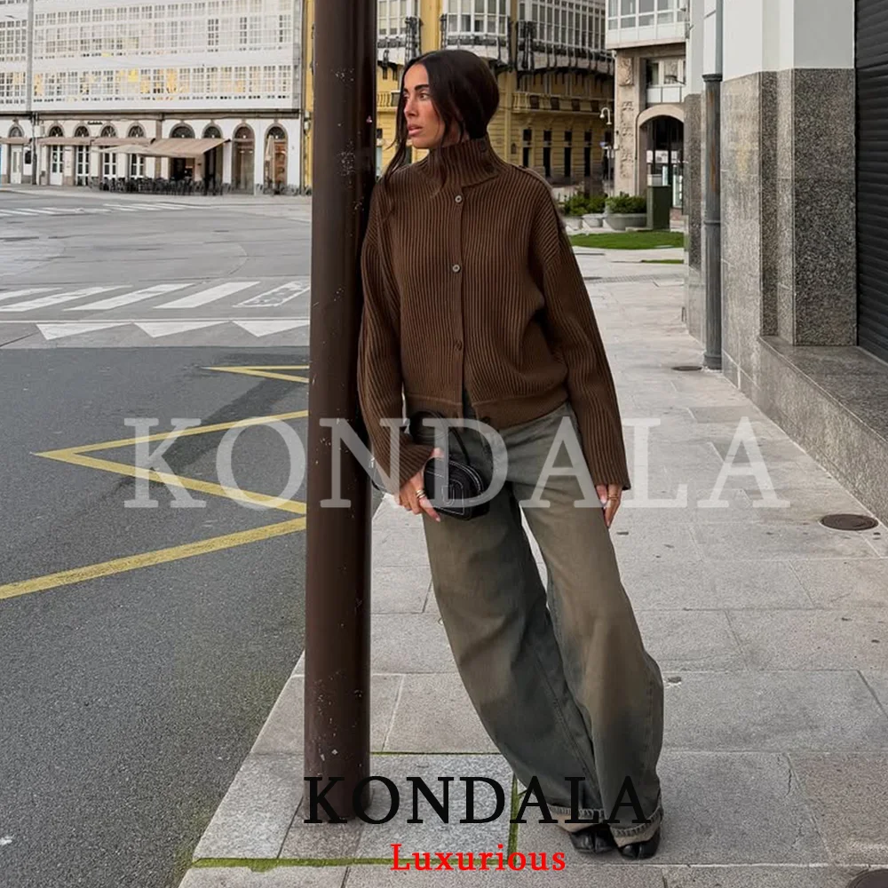 KONDALA Fall Winter Turtleneck Knit Women Sweater Long Sleeve Button Loose Women Cardigans Fashion 2026 Elegant Office Women Top