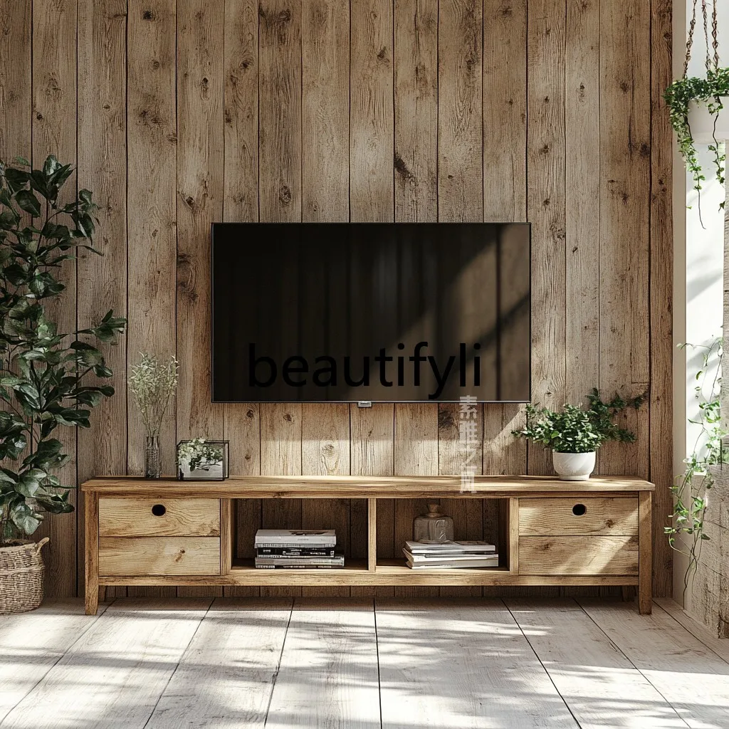 Wabi-sabi Style Solid Wood TV Cabinet for Homestays and Hotels, Modern Minimalist Solid Wood Furniture for Home Use