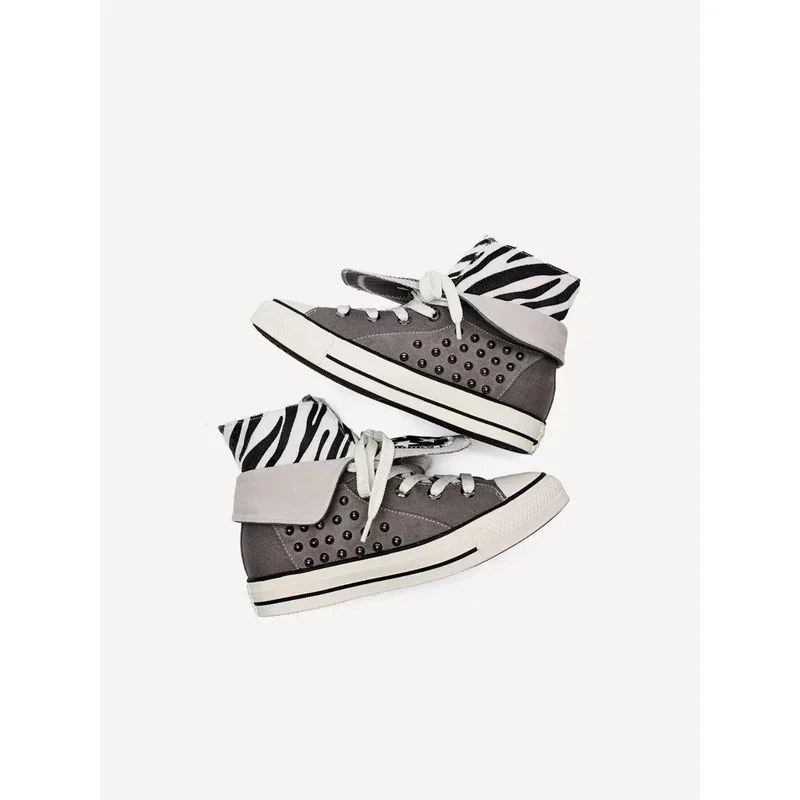 Women's Breathable High Top Canvas Shoes Retro Star Sneakers Double Layer Upper Zebra Leopard Print Casual Skateboarding Shoes
