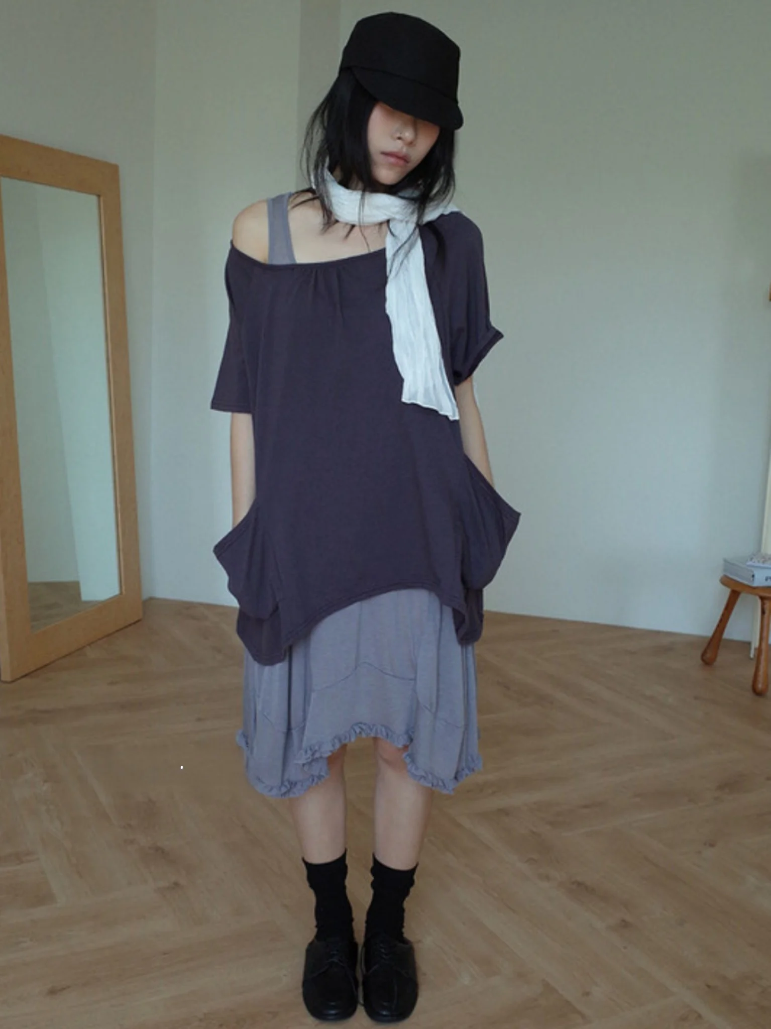 Unique SEI Early Light Japanese Style Shoulder Oblique Large Pocket Summer Loose Casual Short Sleeve T-Shirt Women's Top