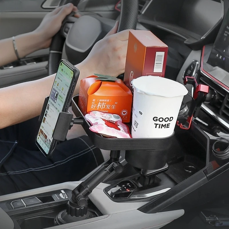 Multifunctional Car Cup Holder Tray 360 Rotating Adjustable Phone Mount Snack Storage Rack Universal Vehicle Console Organizer