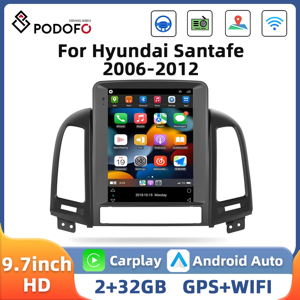 Podofo Android 9.7'' Car Radio For Hyundai Santa Fe 2006-2012 Multimedia Player GPS WIFI Carplay Android Auto BT 2Din Car Stereo