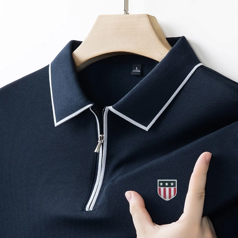 

Brand Original Men's Polo Shirt Half Zipper Flag Print Long Sleeve Business Casual T-Shirt Spring Autumn New Versatile Men'swear