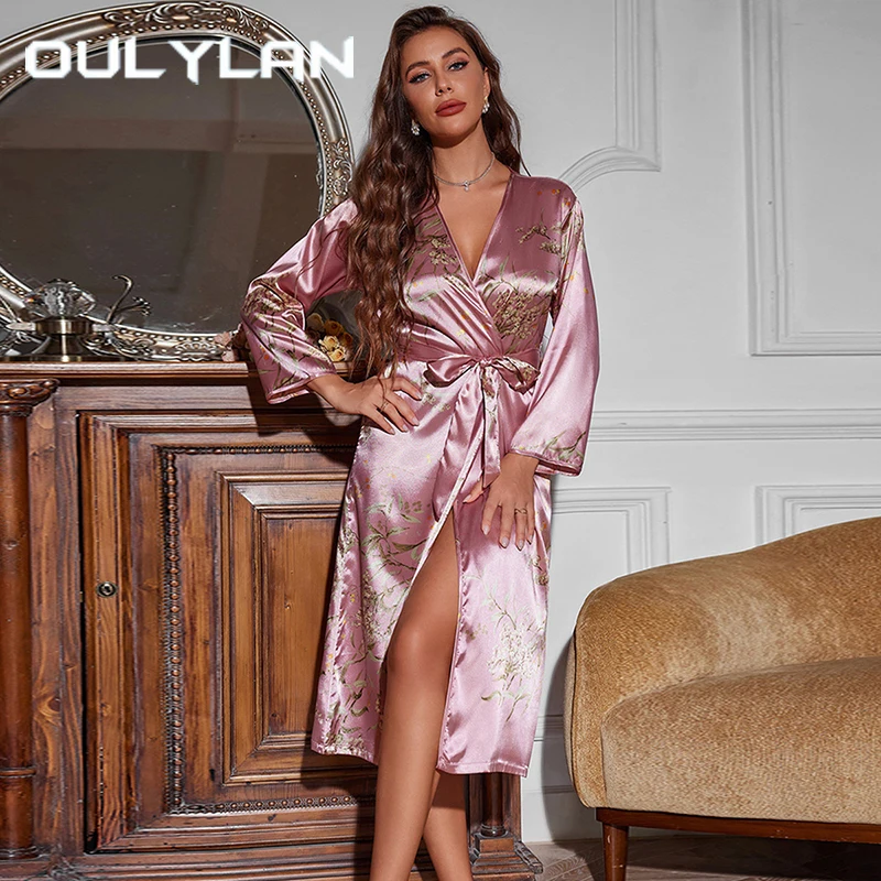 Oulylan Cherry Printed Long Sleeved Nightgown Women Sexy Thin Belt Morning Gown Simple Ice Silk Bathrobe Satin Breathable Robe