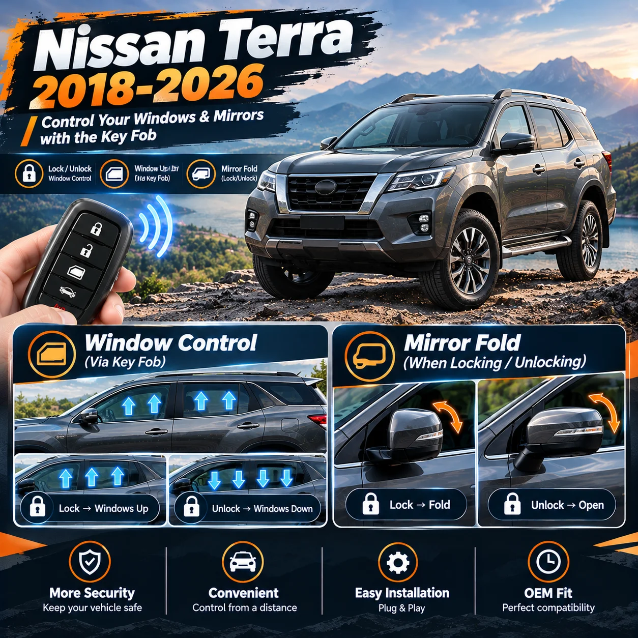 Module for automatic window roll-up and side mirror folding upon locking—suitable for Nissan Terra (2018–2026)