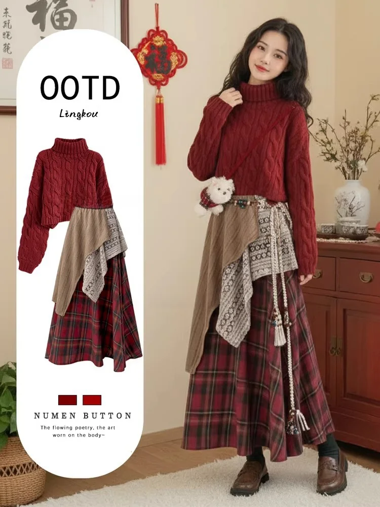 

Красный вязаный свитер и юбка с высокой талией: комплект из двух предметов для женщин, повседневный зимний модный ансамбль, высококачественный осенне-зимний комплект.