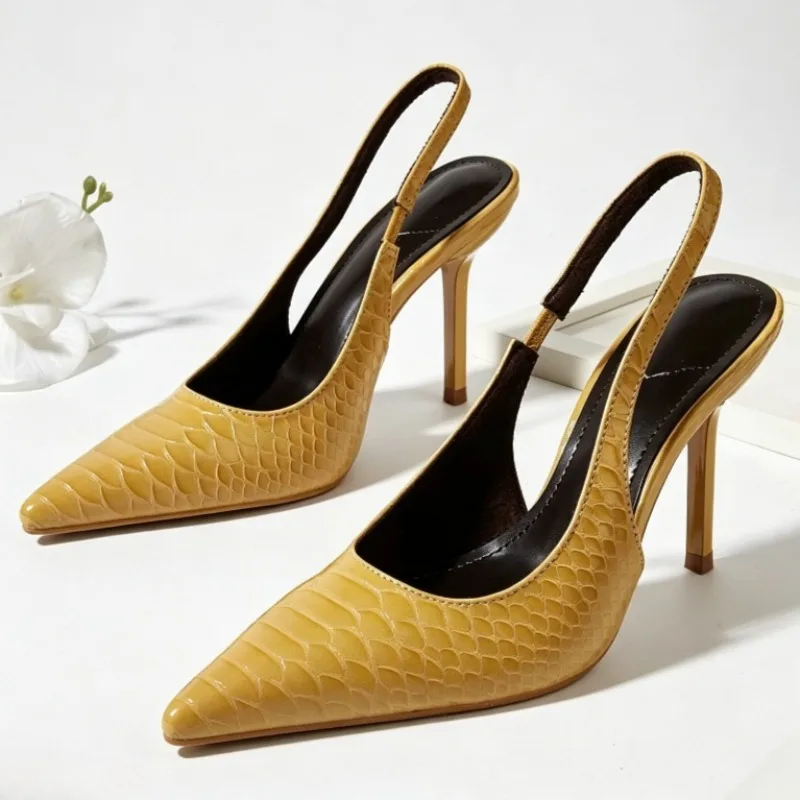 Elegant Designer Snake Pattern Stiletto Sandals for Women Fashion Elastic Band Slingback Heels Sexy Pointed-Toe Designer Shoes