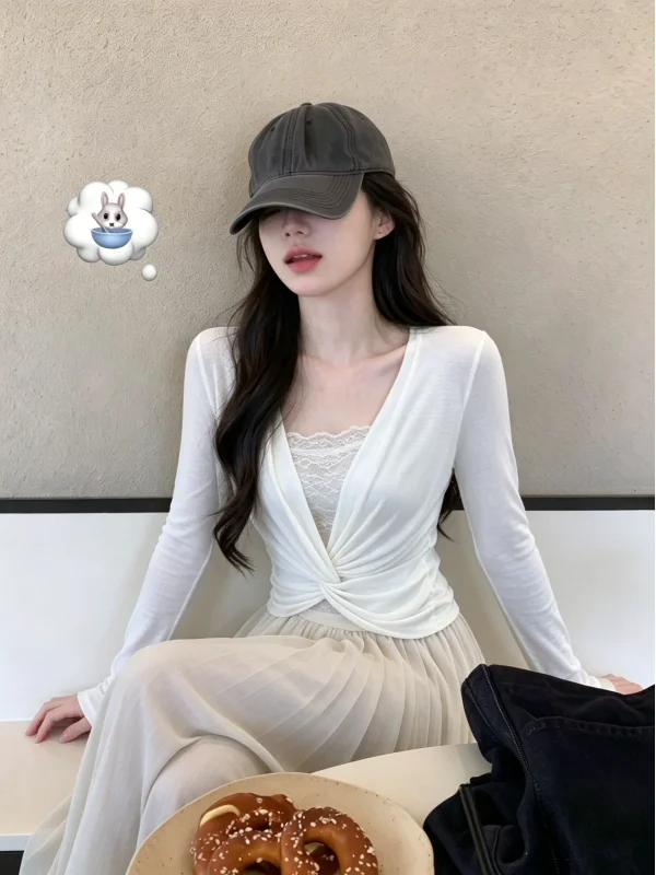 Elegant White Lace V-neck Long Sleeve T-shirt Women's Slimming Waist Cinched Single Wear Korean Style Precise Small Top